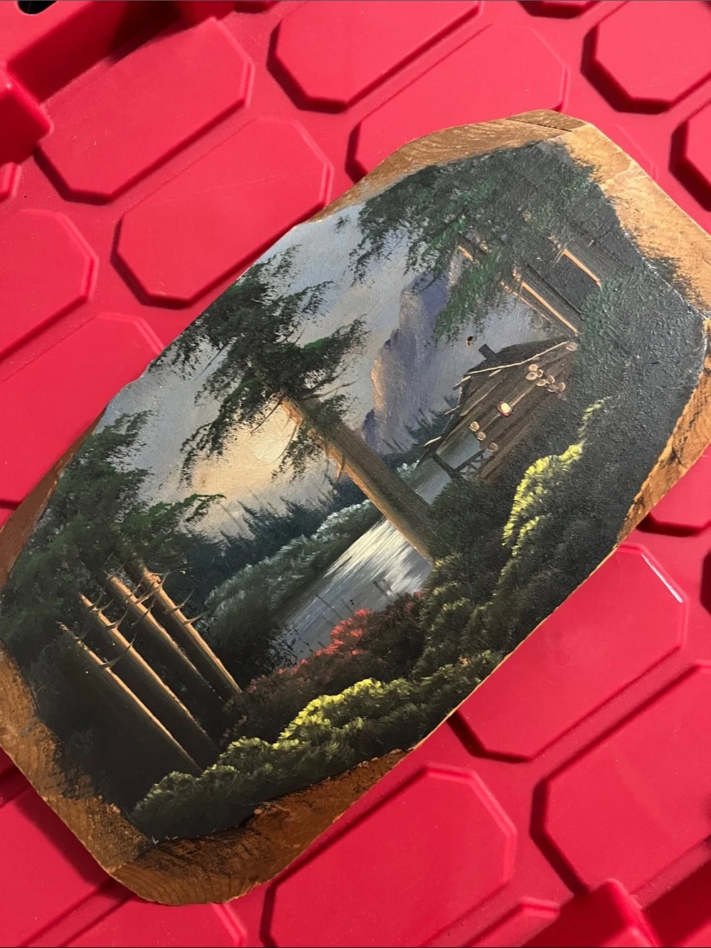 Hand painted wood cabin scene (Joe Breckenridge) possibly wall decor
